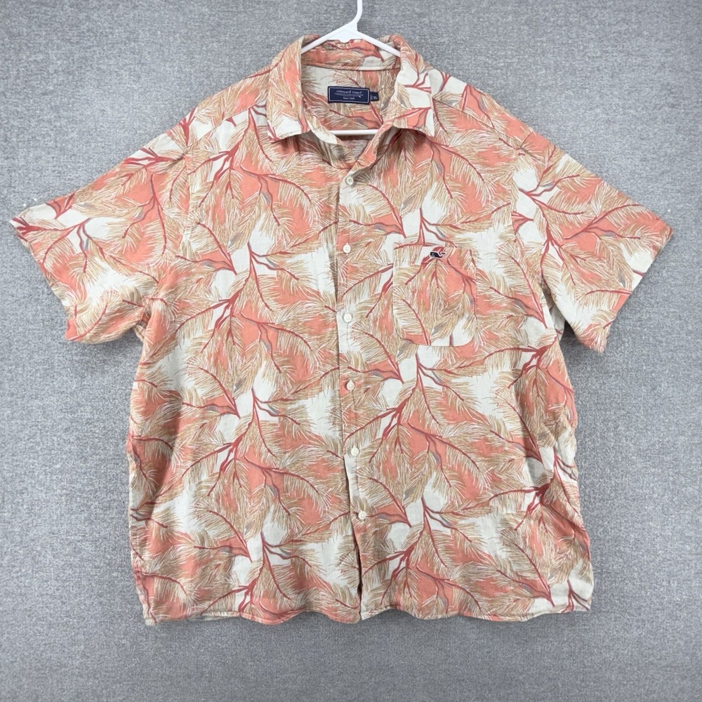 Vineyard Vines Hawaiian Shirt Men Sz XL Orange Floral Linen Casual Short Sleeve